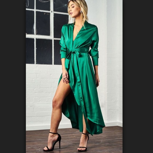 satin green wrap dress